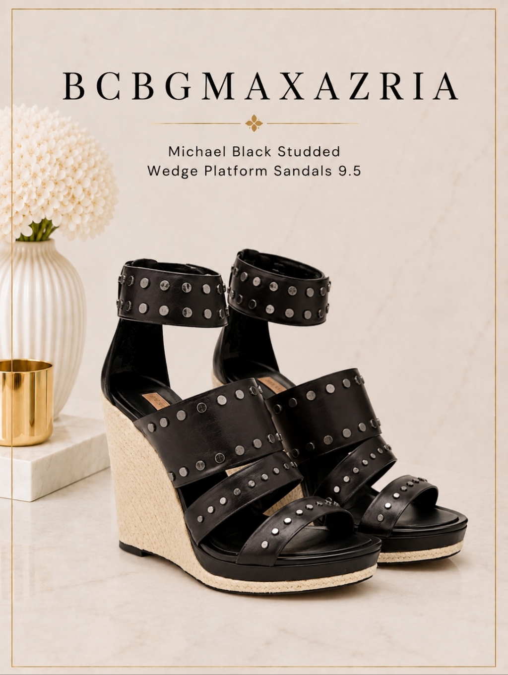 Bcbgmaxazria Ma Michael Black Studded Wedge Platform Sandals 9.5